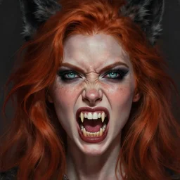 portrait young beautiful!!! snarling woman, hypnotic eyes, red hair, freckles, large teeth ( ( fangs ) ), ( ( ( ( werewolf ) ) ) ) digital painting, lots of details, extremely detailed, 4 k, intricate, brush strokes, mark arian, artgerm, bastien lecouffe - deharme