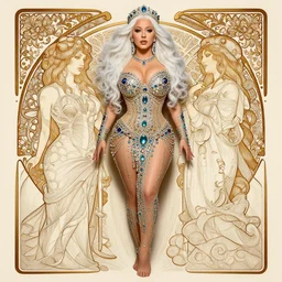 a highly detailed barefoot white haired christina aguilera girl, adorned with precious stones, intricate line drawings by jeremy mann and alphonse mucha, 8 k resolution, trending on artstation, very very detailed, masterpiece, stunning