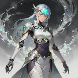 anime portrait of an iridescent opal cyborg shinobi, intricate ornate details, morandi color scheme, fantasy, elegant, highly detailed, wide angle, digital painting, artstation, concept art, smooth, sharp focus, illustration, wallpaper, dynamic pose, splash art, league of legends, art by artgerm and greg rutkowski and bo chen and jin xiaodi