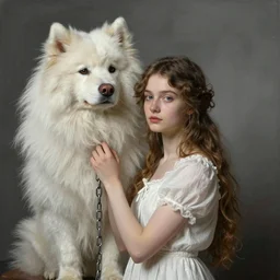 portrait of a delicate woman, and her giant monster pet, which she holds with a chain, by nikolay makovsky.