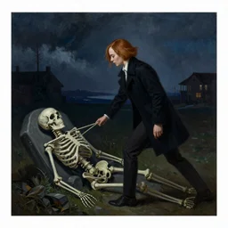 Elle Fanning pulling a skeleton from its grave at night in the world of Edward Hopper, stormy weather, extremely detailed masterpiece, oil on canvas, low-key neon lighting, artstation, Blade Runner 2049, Roger Deakin’s cinematography, by J. C. Leyendecker and Peter Paul Rubens,