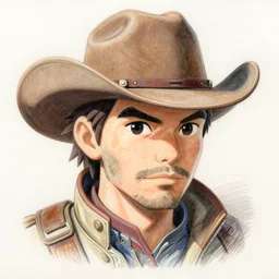 post - apocalyptic cowboy, finely illustrated face, highly detailed, colored pencil, studio ghibli, animation still, in the style of ilya kuvshinov and krenz cushart and william - adolphe bouguereau and alphonse mucha