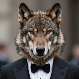 closeup portrait of a dogman werewolf wearing a tuxedo, depth of field, zeiss lens, detailed, symmetrical, centered, fashion photoshoot, by Annie Leibovitz and Steve McCurry, David Lazar, Jimmy Nelsson, Breathtaking, 8k resolution, extremely detailed, beautiful, establishing shot, artistic, hyperrealistic, beautiful face, octane render