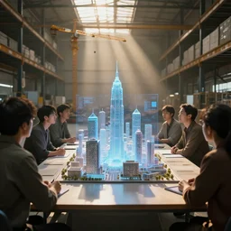 group of people in walled warehouse, looking at hologram of futuristic city on a table, cinematic concept art, godrays, golden hour, natural sunlight, 4 k, clear details, tabletop model buildings, center model buildings, hologram center, crane shot, crane shot, crane shot