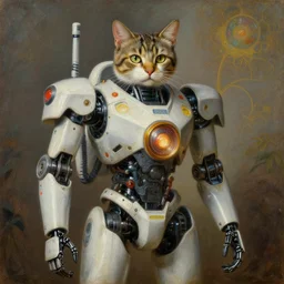 highly detailed portrait of an humanoid robotic cat mecha, painting by gaston bussiere, craig mullins, j. c. leyendecker, lights, art by ernst haeckel, john william godward, hammershøi,