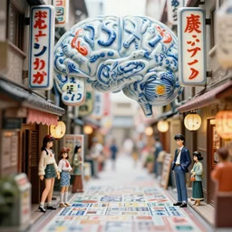 anamorphic, fuji gfx, 2 0 0 mm ; beautiful typographic film still from tokyo of wired kanji brain map scene in style of 1 9 9 0 s frontiers in miniature porcelain retrofuturism deep emboss macro design architectural art studio photography magazine kanji banner seinen manga extreme closeup portrait edition, real - life tokyo alley porcelain izakaya sign, highly detailed, eye contact, pointe poses, tilt shift scene background, 8 k