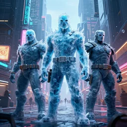 a ice masked giants on the streets of dystopian megalopolis, digital art, photo-realistic, dramatic colors, 4k