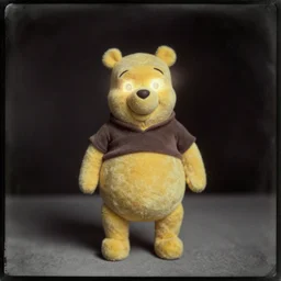 daguerreotype photograph of winnie the pooh with [ [ [ [ [ [ [ [ [ [ [ [ [ illuminated eyes, light coming out of his eyes, burning eyes ] ] ] ] ] ] ] ] ] ] ] ] ], standing in the middle of the room, black background