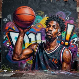 basketball!!!!, graffiti!!!, digital illustration, hyperrealistic, photorealistic!!!, urban art, hip - hop, award winning, trending on artstation, rendered in octane, rendered in unreal engine 5, beautiful colors, dark, gritty, urban