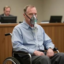 walter white wearing a clear oxygen mask with tube running to small oxygen containt next to him. walter sits in a wheelchair in a courtroom.