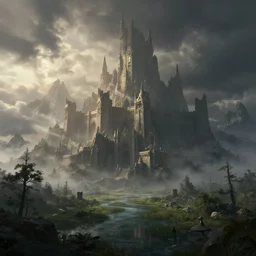 beautiful render of kingdom of larion, unreal engine, dark fantasy style, first light, majestic mountains, swamps, morning mist, dramatic clouds, big castle ruin, soft light, by greg rutkowski, cgsociety