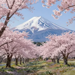 a real photographic landscape painting with incomparable reality, wide angle, in forest, flowers, cherry blossom tree in full bloom, bright style, mount fuji, clearing, john howe, magnificent, artstation