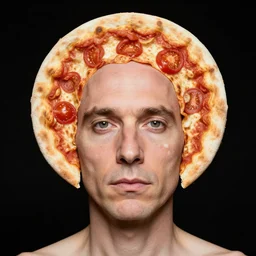 portrait of man with a rare deformational condition making the head flat and circular like a pizza, head looks exactly like a pizza, doughy skin with white pores, blemishes look like tomatoes, soft lighting, sharp focus, highly symmetrical, head and shoulders portrait, black background, masterpiece by cindy sherman