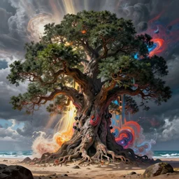 an impressive ominous cinematic shot photo of a great big bonzai tree beach caustics cumulo nuclear volumetric dynamic fluid simulation lighting light rays impressive masterpiece hyper detailed intricate sharp focus 8 k realistic illustration canon eos r 3 fujifilm x - t 3 0 sony alpha, by james gurney tooth wu artgerm colorful
