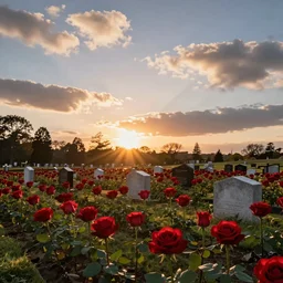 graveyard filled with red roses while it's the most beautiful sunset and white clouds