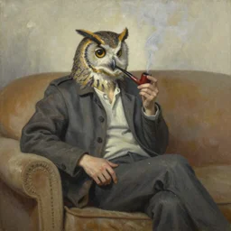 an oil painting of an owl man sitting on a couch smoking a pipe, realistic