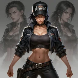 a highly detailed illustration of fierce japanese woman wearing streetjacket and delinquent cap, dramatic power pose, muscular, art by artgerm and greg rutowski and ilya kuvshinov, intricate, elegant, highly detailed, centered, digital painting, artstation, concept art, smooth, sharp focus, league of legends concept art, wlop.
