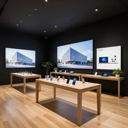 A flagship Samsung store. black walls. timber floor. high ceilings with spots. wood furniture with large digital screen. display tables with phones and tablets, pots with plants, digital screens on the walls, Architectural photography. 14mm. High Res 8K. award winning architectural design, inspired by Arne Jacobsen, Niels Otto Møller, Verner Panton, Scandinavian Design, Retaildesignblog.net, high-tech, sci-fi
