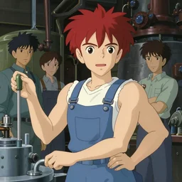 airship engineer working in a boiler room, redhead, tank top, overalls, film still, finely detailed features, digital painting, studio ghibli, tankobon, painted by ilya kuvshinov and krenz cushart and and satoshi kon