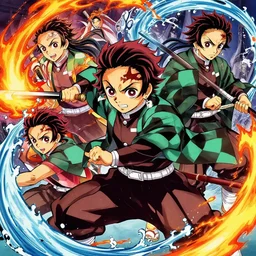 nobuhiro watsuki and otomo katsuhiro and callarin and kunatata and sainker, japanese manga, demon slayer, a teenage samurai, armed, fighting manga scene, fire + water elements, exaggerated composition, detailed work, 8 k, hd, unreal engine