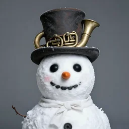 head and shoulders studio portrait of an evil snowman wearing an old tuba hat, by h. r. giger