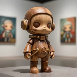 8 k octane render sculpture photorealistic beautiful character wooden design, art toys collectible figurine, very cute occult android cyberpunk, comtenporary art gallery in background concept art cgsociety by brian sum and annie leibowitz