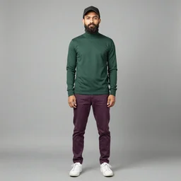 a young man with a chin - style dark brown beard without mustache in a dark black cap, green turtleneck, purple pants and super white sneakers in full height, perfect face, without mustache, david gandhi face