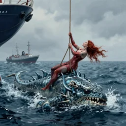 conceptual art of the norwegian sea monster draugen beneath the water, scarlet johansson holding on to a rope hanging from a ship fighting for her life above the water greg rutkowski and ilya kuvshinov, masterpiece illustration, ultrarealistic, golden ratio