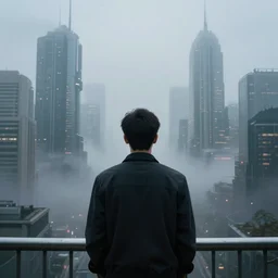 man in front of a foggy view of cyberpunk style future city, a hyper realistic professional photographic view,very beautiful scenery, very realistic painting effect, hd, hdr, cinematic 4k wallpaper, 8k, ultra detailed, high resolution,