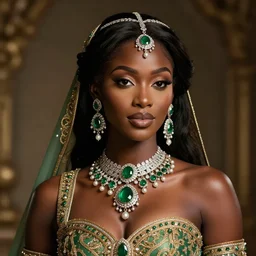photograph of wonderful princess with smooth dark skin, green jewelry, breathtaking, elegant, ornate, intricate, hyper detailed, accent lighting, dramatic light, 4 k octane render