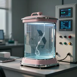 a high fidelity scientific archival photograph of an anthropomorphic object of unknown origin in a professors office - designed to store and recycle positive water. faded pastel, chrome detail, led, user interface, switches, display.