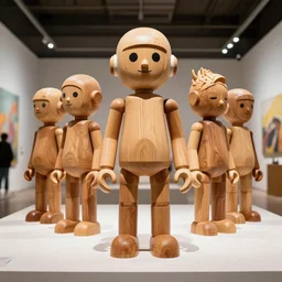 8 k octan, highly detailed, photo, a totally wooden figurine collectible art toys wooden on feet, funny very concept retro vehicule, a contemporary art gallery, symmetrical, masterpiece of art,, design showroom, dealership, indoor display, convention, exhibition cyberpunk