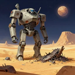 next to the wreckage of a giant humanoid robot on a remote desert planet, from a space themed point and click 2 d graphic adventure game, art inspired by thomas kinkade