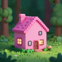 3 d pixel art, cute pink house in a forest at night, octane render, houdini render, 8 k