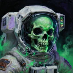 a close - up view portrait of a lone astronaut, brutalist dock halls with green alien fog, close - up view, detailed textures. glowing green purple fog, dark black background. murder poison skull face, highly detailed fantasy science fiction painting by moebius!!!!!!, norman rockwell, frank frazetta, and syd mead. rich colors, high contrast