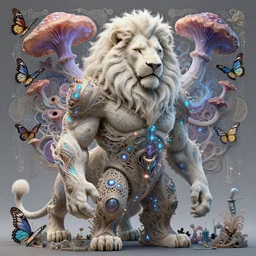 hyperdimensional male muscular albino furry lion in his 3 d bioluminescent radically alive dimensions of fungal fractals and butterflies, circuitry and electricity, intricate mycelial lace, fractalpunk, rococo, ultra detailed, intricate details, ornate, hyperrealistic, inspired by ross tran & brian froud & james jean & android jones & william morris & ernst haeckel & alphonse mucha, unreal engine render, octane render
