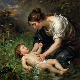 a painting by john everett millais and frank bernard dicksee, mother washing her son clean in teeming waters, a mother laying his son upon the grass, so shall thou wash me. take a cloak and moisten me with thy stream. kiss me with thy cold kiss and send me to the fountains of sleep