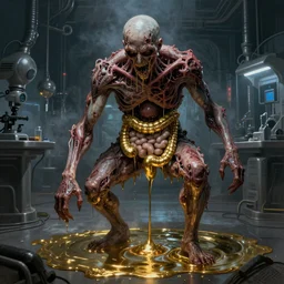realistic coubert dark hi-tech sci-fi lab at night, realistic gustave coubert painting a hideous and sick human exposed guts crawling in two legs and dripping golden metalic fluid from intestine into a pool of golden liquid on the floor. Smokey atmosphere