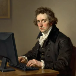 a portrait of franz schubert programming on the computer made in 1 8 0 0 s, a romanic era portrait