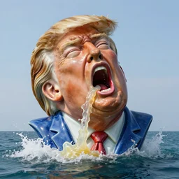 a massive porcelain sculpture of a surreal distorted donald trump vomiting jelly from the mouth on the ocean water, in the style of johnson tsang, by vincent di fate, artgerm julie bell beeple, grotesque sculpture, gross colours, cinematic, hyper - realistic, very detailed, realistic water splashes, ray tracing, 8 k resolution, long - shot, sharp focus, low angle, 8 5 mm lens
