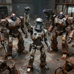 a realistic engineer robot wearing a welding helmet, one fist raised high in triumph, standing in front of many large robots inside a huge rusty dingy warehouse, army of large robots, raygun gothic, atomic punk, digital art, detailed render, high angle