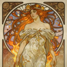fire in the sky, feminine, majestic, fantasy, intricate, elegant, digital painting, concept art, sharp focus illustration art by alphonse mucha, charcoal on canvas