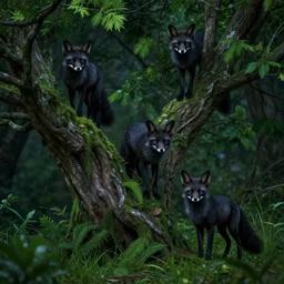 three black foxes in a lush green tree at night, exiting perspective, seen from below, trending on ArtStation, concept art, cgsociety, octane render, trending on artstation, artstationHD, artstationHQ, unreal engine, 8k