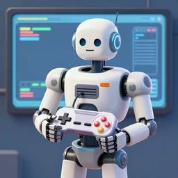 illustration of an elaborate robot holding a retro game controller, on screen video game schemed in background