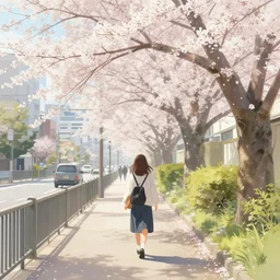 i walk in tachikawa - shi, tokyo. volumetric lighting, spring, nice weather, realistic illustration, perfectly shaded, soft painting, art