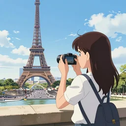 A girl taking a photo of the eiffel tower by Osamu Tezuka, trending on artstation