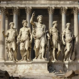 extremely detailed illustration by druillet of a destroyed panteon with 7 statues of extint forgotten gods