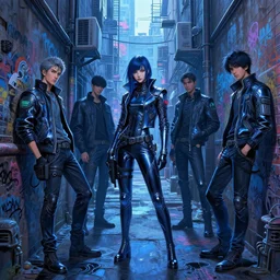 a cyberpunk gang in the alleyway between buildings, graffiti, fine detail, intricate, polished, smooth, ultradetailed, blue color scheme, digital art, illustration, impressionist, by john smith and noriyoshi ohrai and george luks