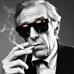 abeautiful award winning masterpiece photograph of an intent and serious howard stern ( agent smith, buster keaton ) wearing balenciaga mirrorshades and smoking a cigarette by andy warhol, trending on artstation