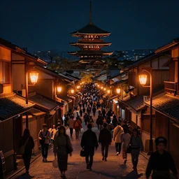 medieval kyoto street at night landscape, crowded streets, orange street lights everywhere, 8K, trending on artstation, golden ratio, rule of thirds, low key, megalophobia, extremely high detail, concept art
